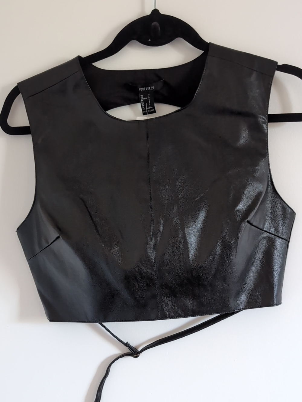 Forever 21 Black Faux Leather Tie-Back Crop Top